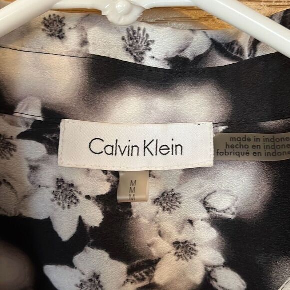 Calvin Klein Black Whit Gray Floral Print Blouse Medium - Picture 5 of 8
